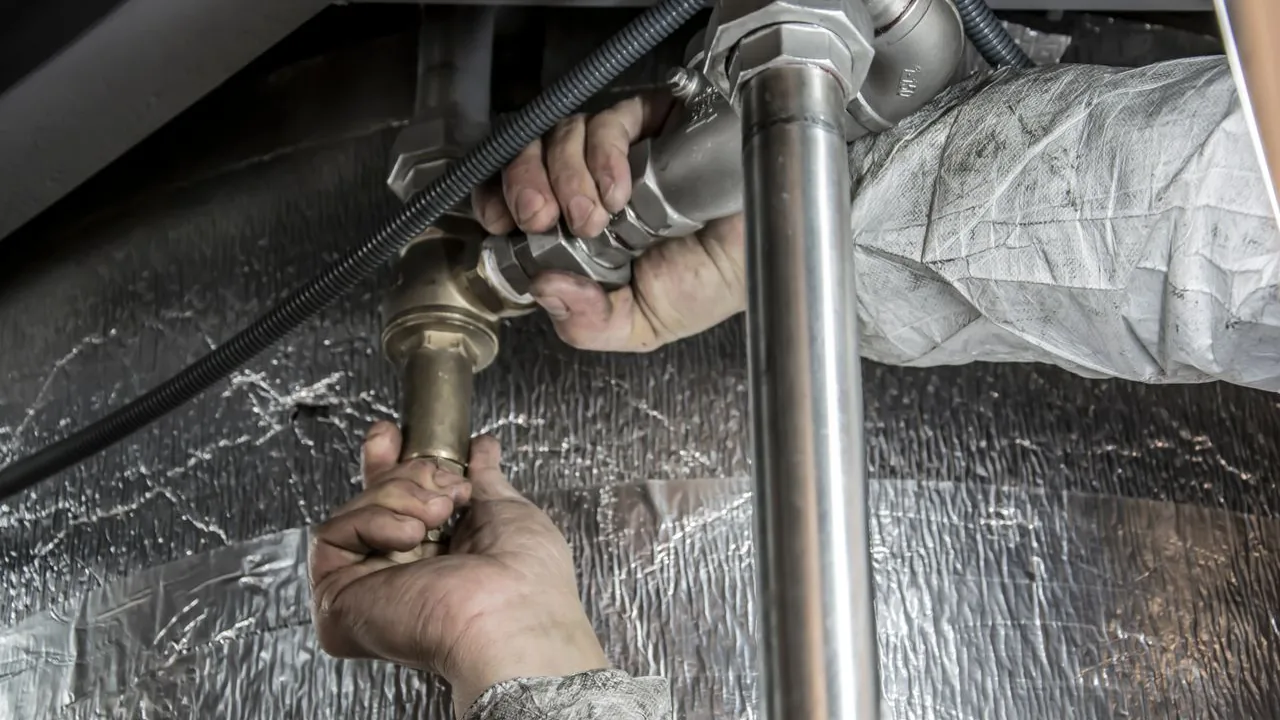 A plumber tightening a supply fitting on pipework underneath a sink.